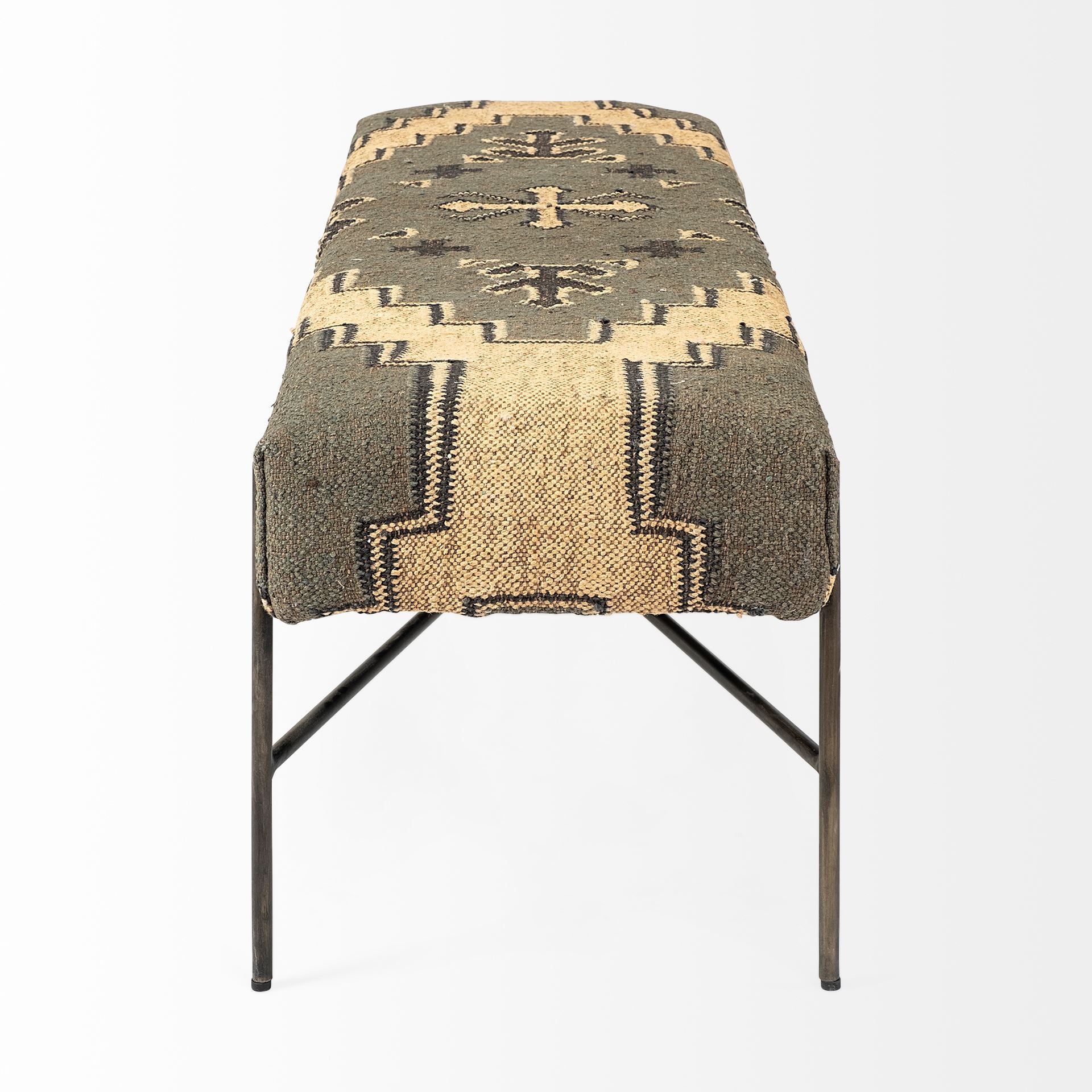 Rectangular MetalAntiqued-Nickel Toned Base W Upholstered Tan Pattered Seat Accent Bench By Homeroots | Benches | Modishstore - 3