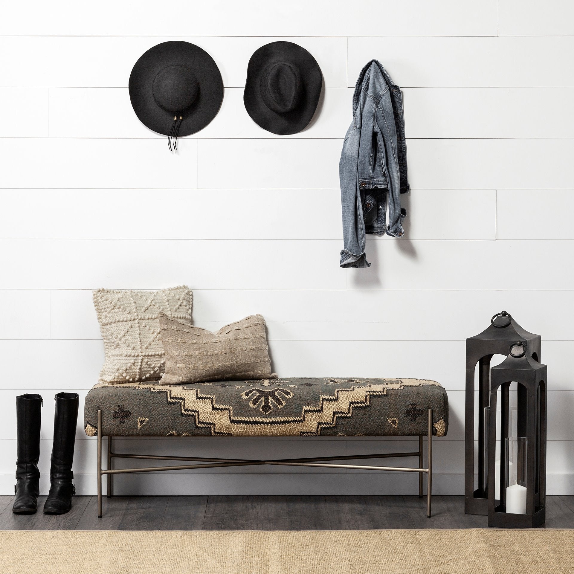 Rectangular MetalAntiqued-Nickel Toned Base W Upholstered Tan Pattered Seat Accent Bench By Homeroots | Benches | Modishstore - 6