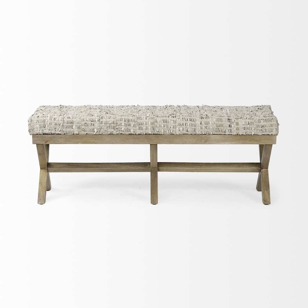Rectangular Indian Mango Wood Light Brown Base W Beige-Toned Woven Leather Cushion Accent Bench By Homeroots | Benches | Modishstore - 3