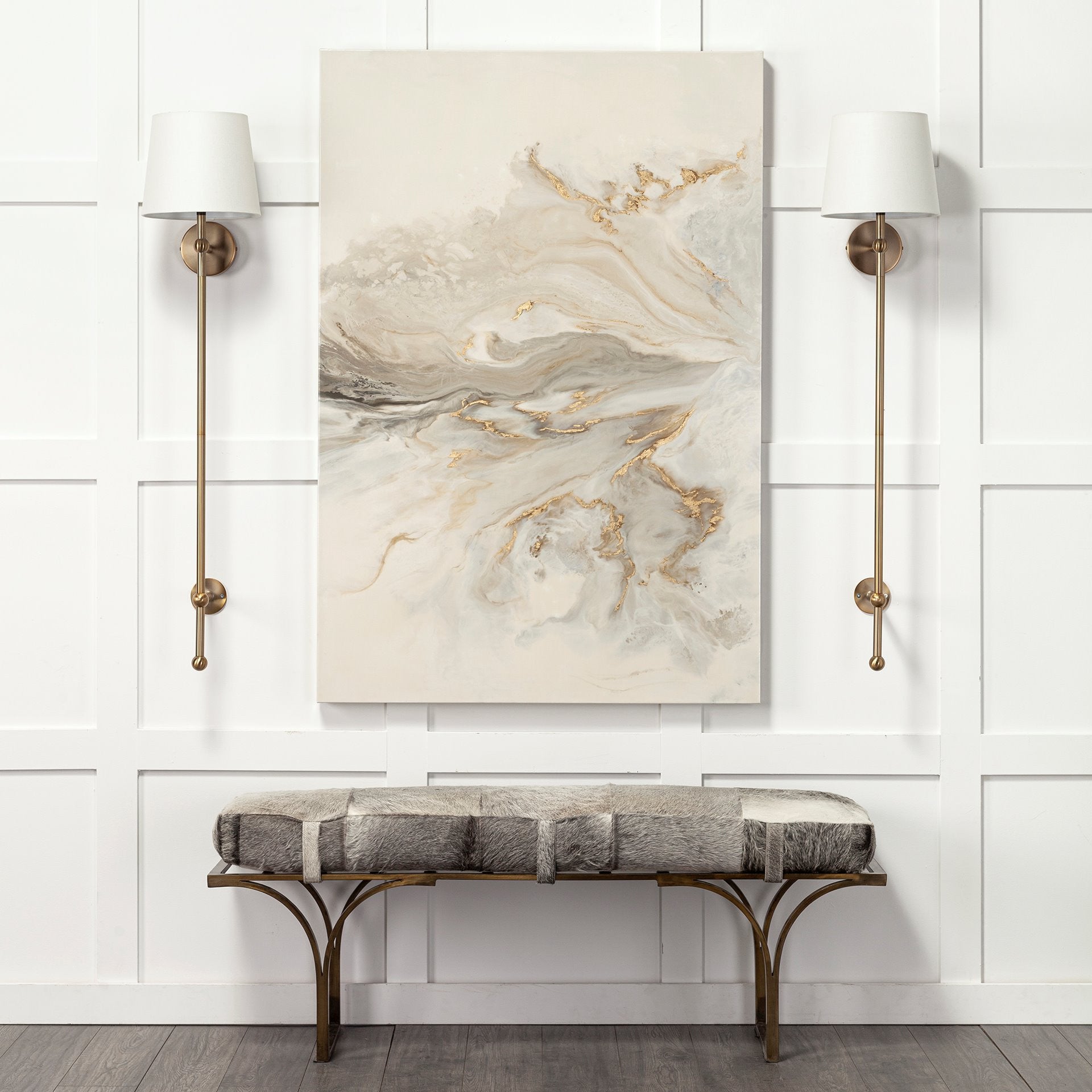 Rectangular MetalAntique Brass W Grey-Toned Hair-On-Leather Seat Accent Bench By Homeroots | Benches | Modishstore - 2