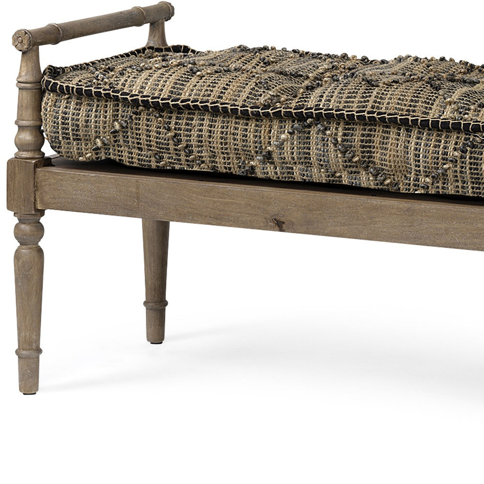 Rectangular Indian Mango WoodLight Brown And Grey W Jute Patterned Top Accent Bench By Homeroots | Benches | Modishstore - 3