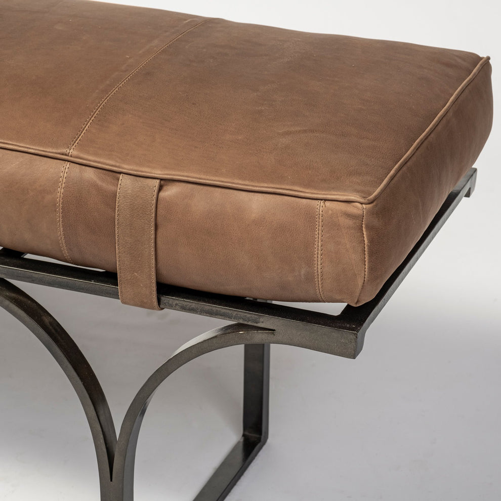 Rectangular MetalMatte-Black Antiqued Brown Genuine Leather Seat Accent Bench By Homeroots | Benches | Modishstore - 3