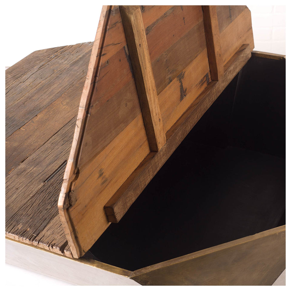 Hexagon Hinged Solid Wood Brass Metal Coffee Table w Storage By Homeroots | Coffee Tables | Modishstore - 6