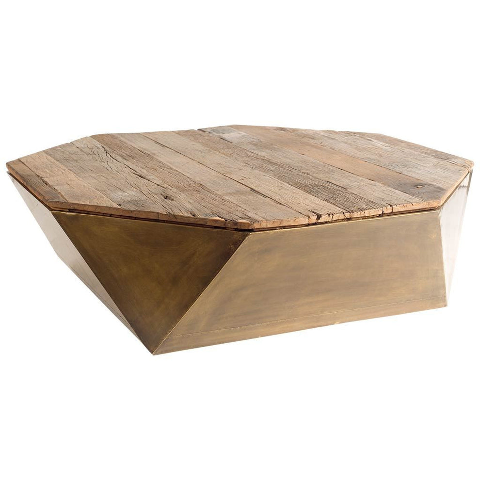 Hexagon Hinged Solid Wood Brass Metal Coffee Table w Storage By Homeroots | Coffee Tables | Modishstore - 3