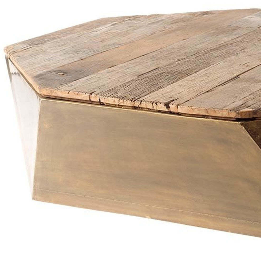 Hexagon Hinged Solid Wood Brass Metal Coffee Table w Storage By Homeroots | Coffee Tables | Modishstore - 4