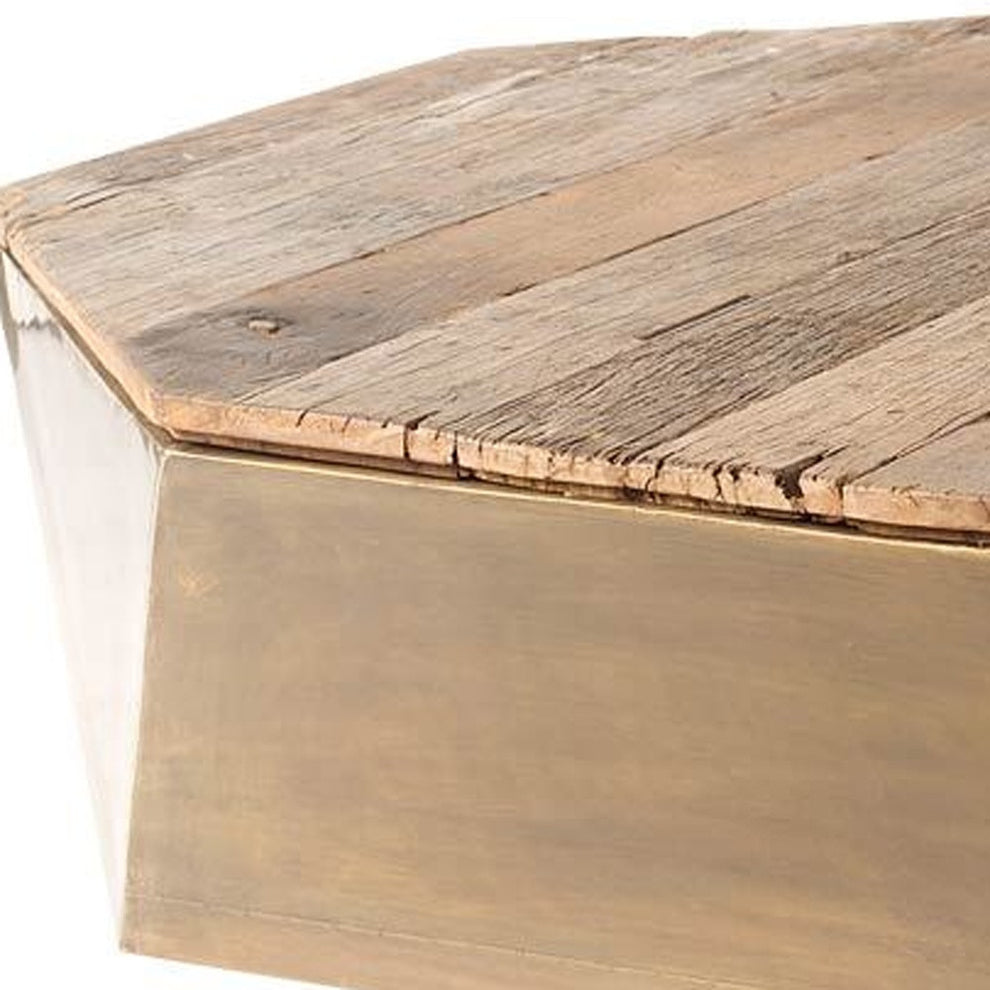 Hexagon Hinged Solid Wood Brass Metal Coffee Table w Storage By Homeroots | Coffee Tables | Modishstore - 5