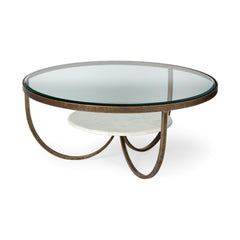 36' Round Glass Top Marble Shelf Gold Base Coffee Table By Homeroots