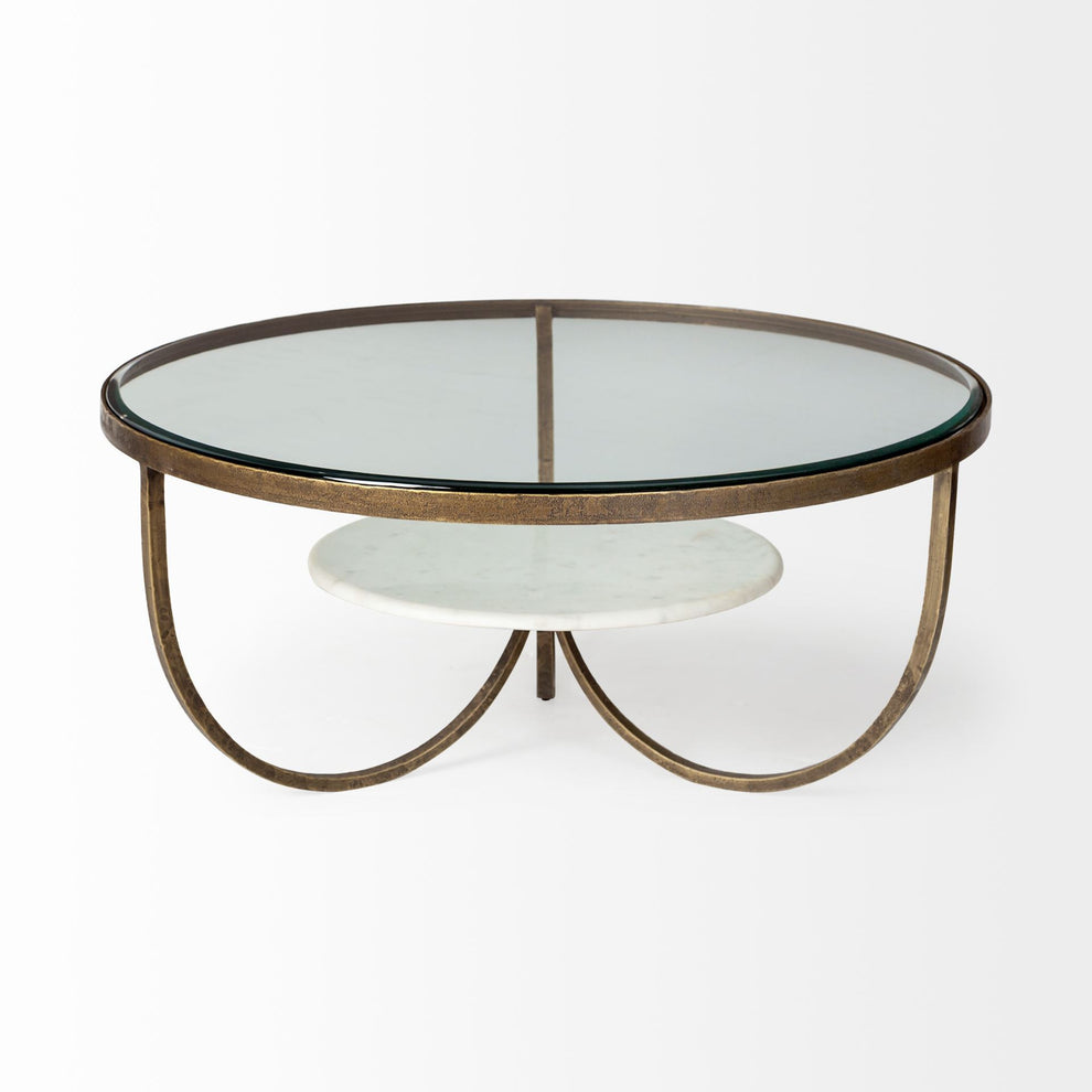 36' Round Glass Top Marble Shelf Gold Base Coffee Table By Homeroots | Coffee Tables | Modishstore - 2