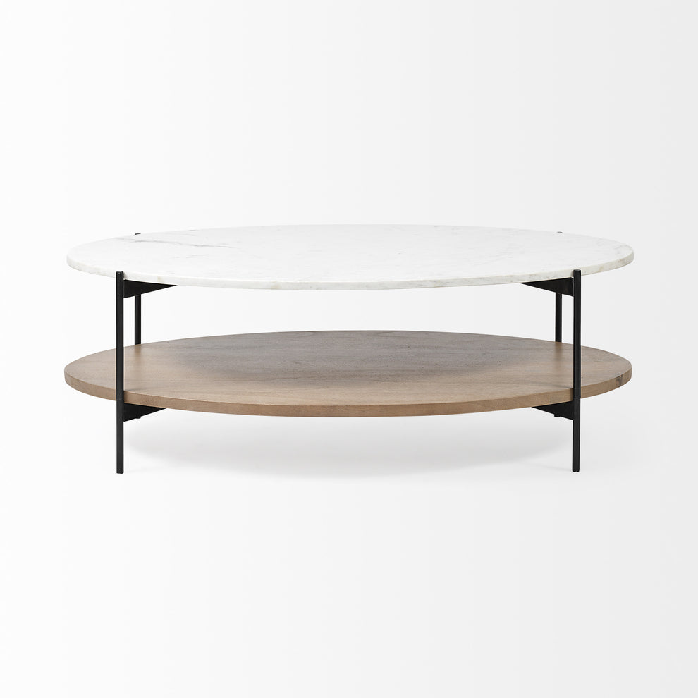 Oval White Marble Top and Black Metal Base Coffee Table w Wood Shelf By Homeroots | Coffee Tables | Modishstore - 2