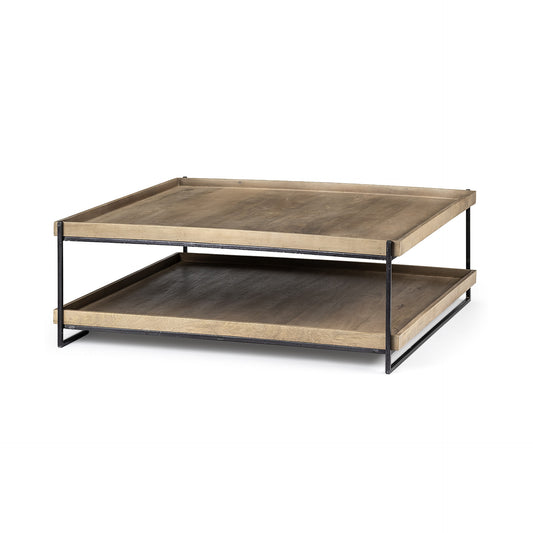 Rectangular Solid Wood Top Table and Black Metal Frame Two Tier Coffee Table By Homeroots