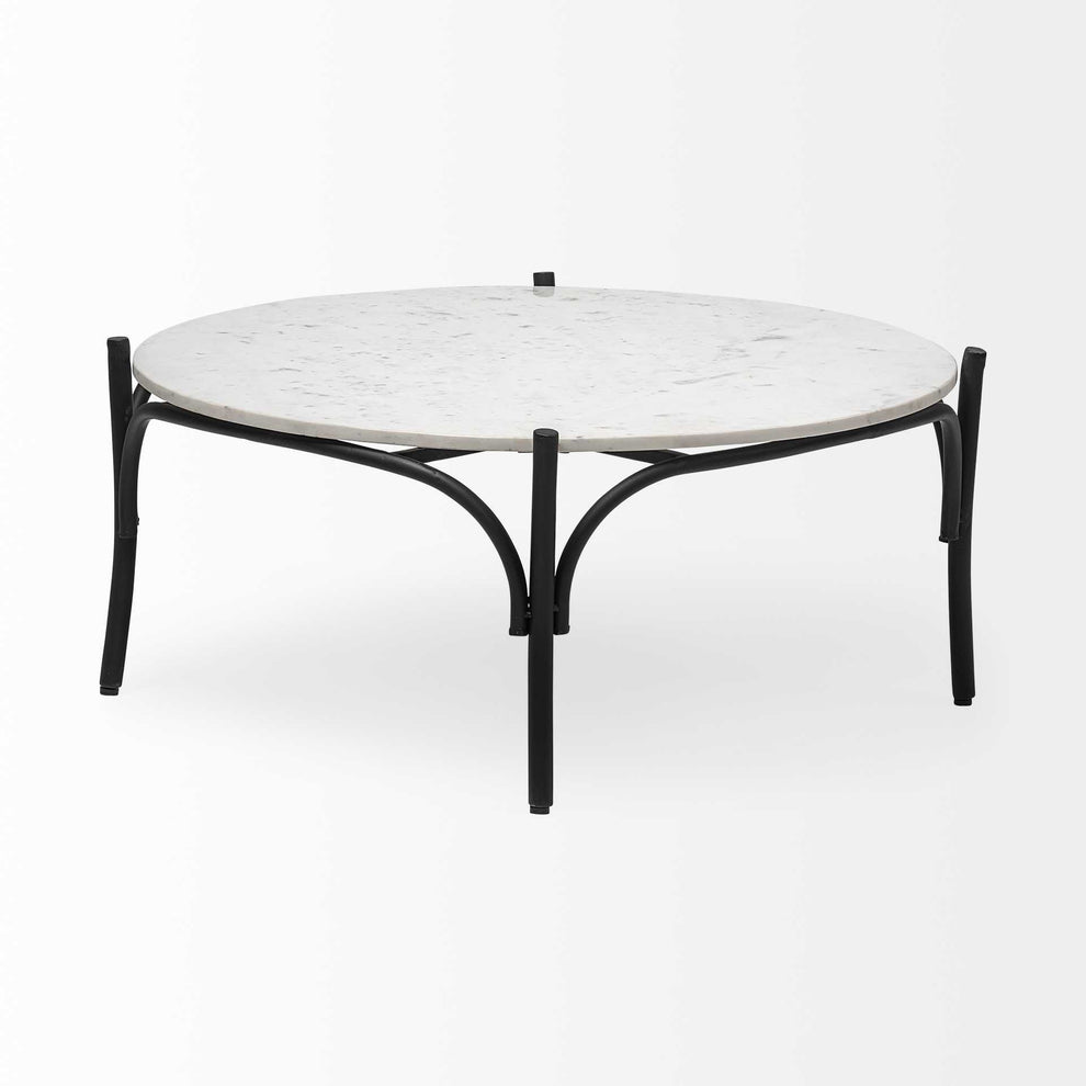 36' Round White Marble Top Black and Metal Base Coffee Table By Homeroots | Coffee Tables | Modishstore - 2