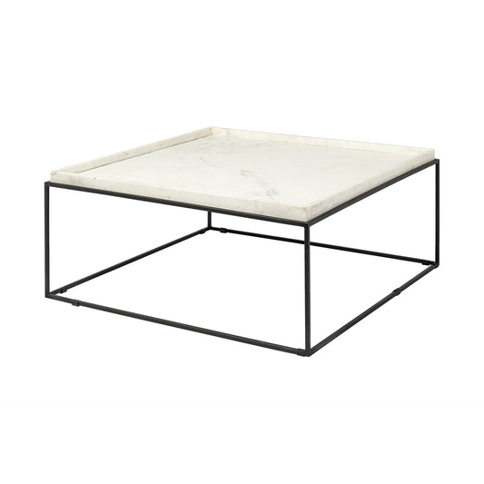 Square White Marble Top and Black Metal Base Coffee Table By Homeroots