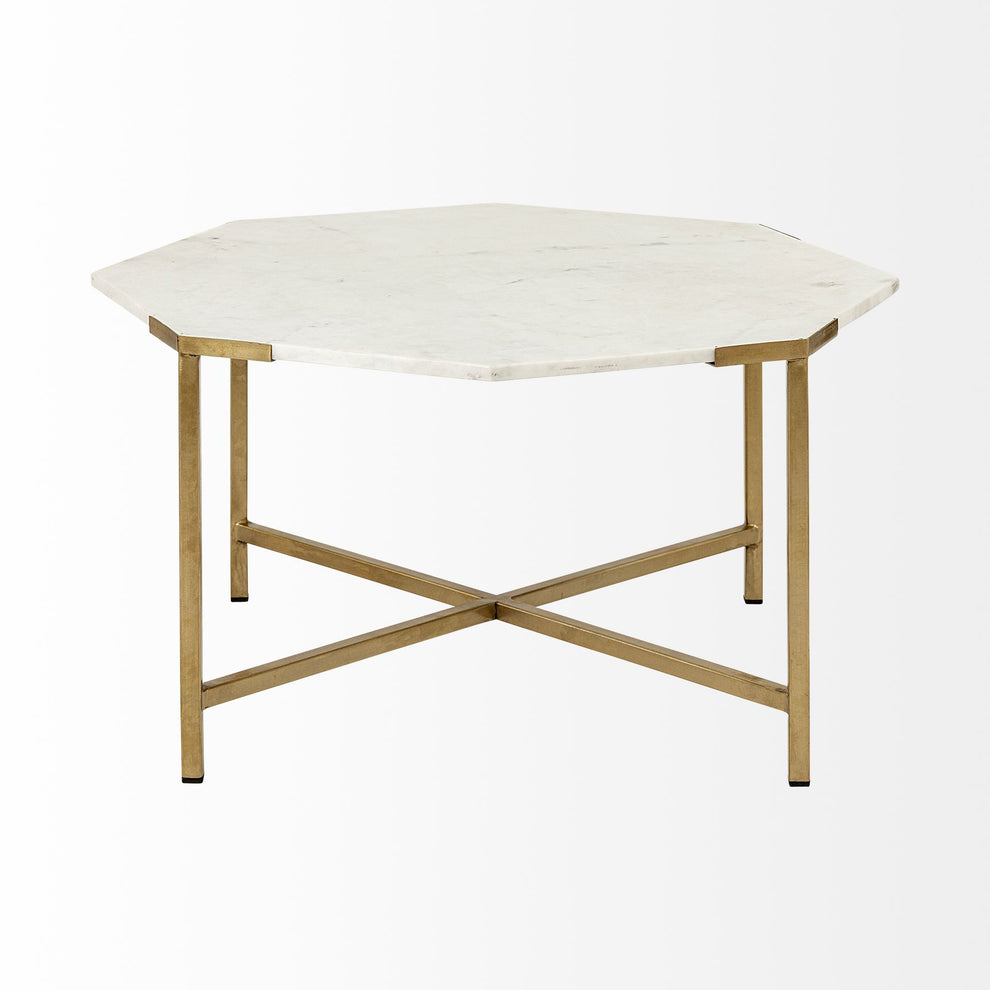 Hexagon White Marble Top and Gold Metal Base Coffee Table By Homeroots | Coffee Tables | Modishstore - 2