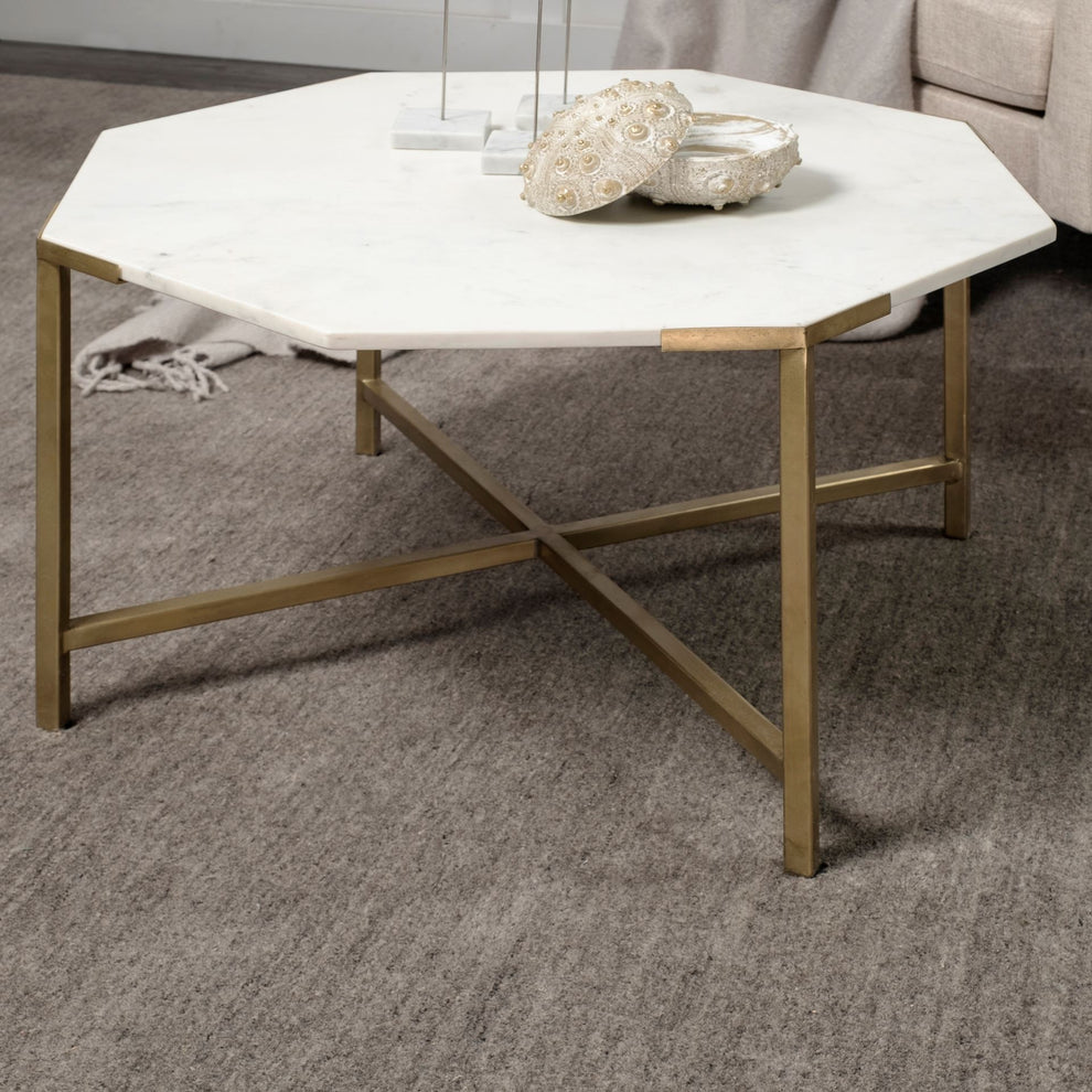 Hexagon White Marble Top and Gold Metal Base Coffee Table By Homeroots | Coffee Tables | Modishstore - 3