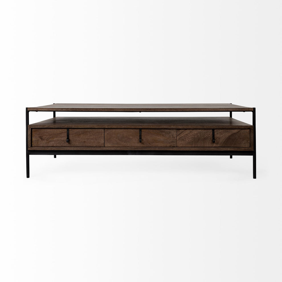 Rectangular Solid Wood and Black Metal Coffee Table w 3 Drawers By Homeroots | Coffee Tables | Modishstore - 2