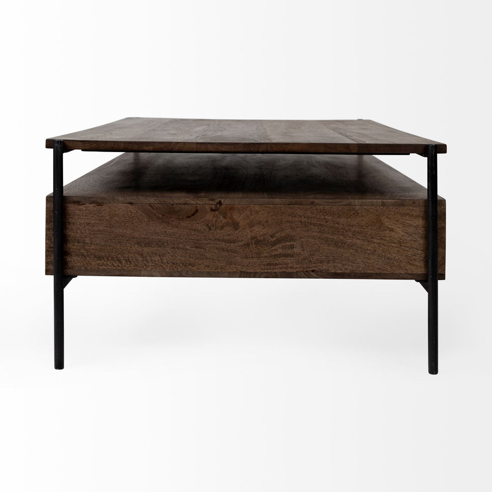 Rectangular Solid Wood and Black Metal Coffee Table w 3 Drawers By Homeroots | Coffee Tables | Modishstore - 3