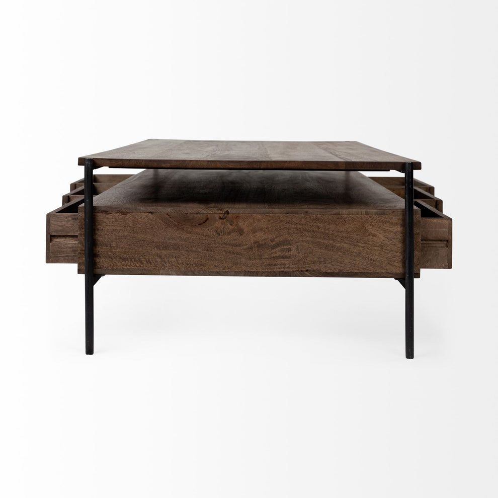 Rectangular Solid Wood and Black Metal Coffee Table w 3 Drawers By Homeroots | Coffee Tables | Modishstore - 4
