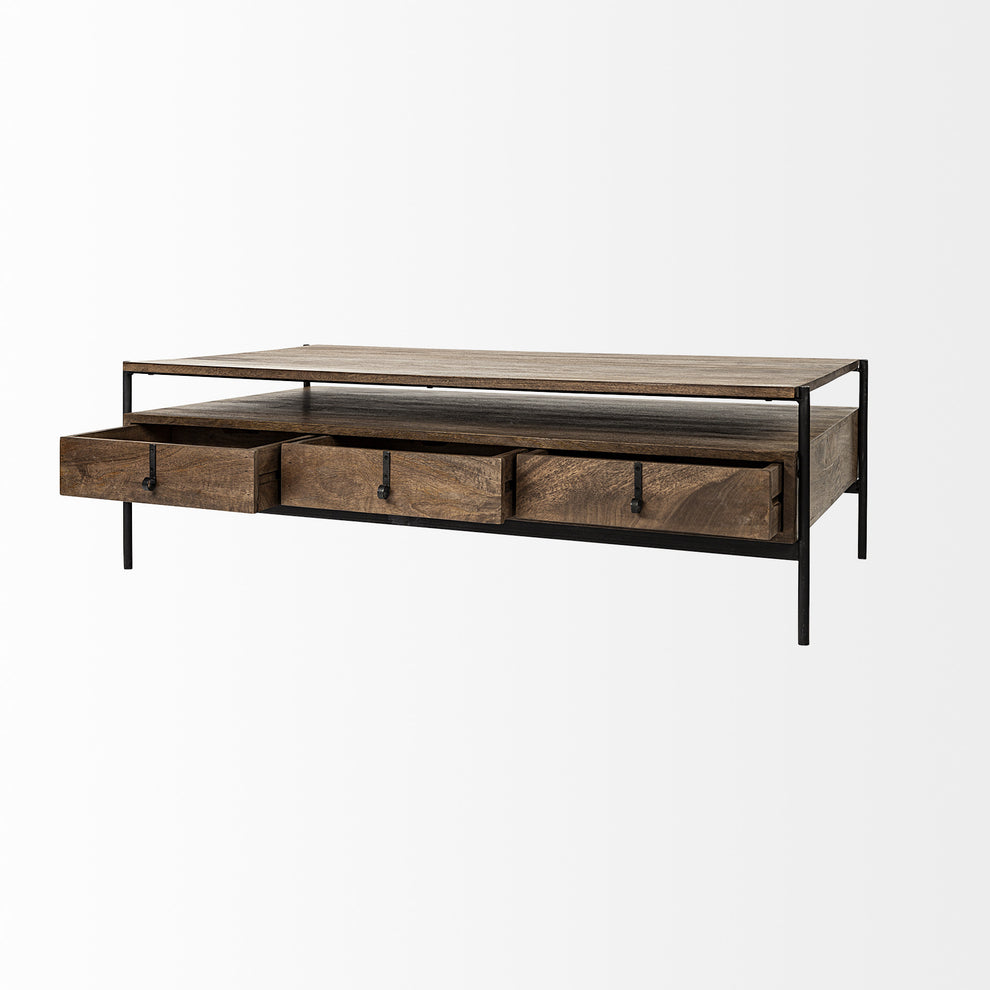 Rectangular Solid Wood and Black Metal Coffee Table w 3 Drawers By Homeroots | Coffee Tables | Modishstore - 5
