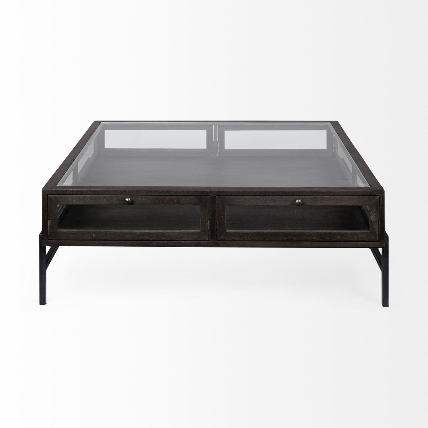 Square Glass Top Wood and Black Metal Base Display Coffee Table w 2 Drawers By Homeroots