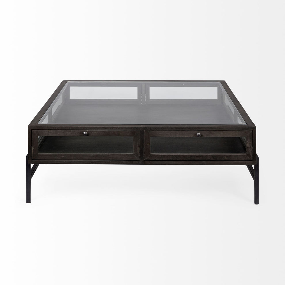 Square Glass Top Wood and Black Metal Base Display Coffee Table w 2 Drawers By Homeroots | Coffee Tables | Modishstore - 2