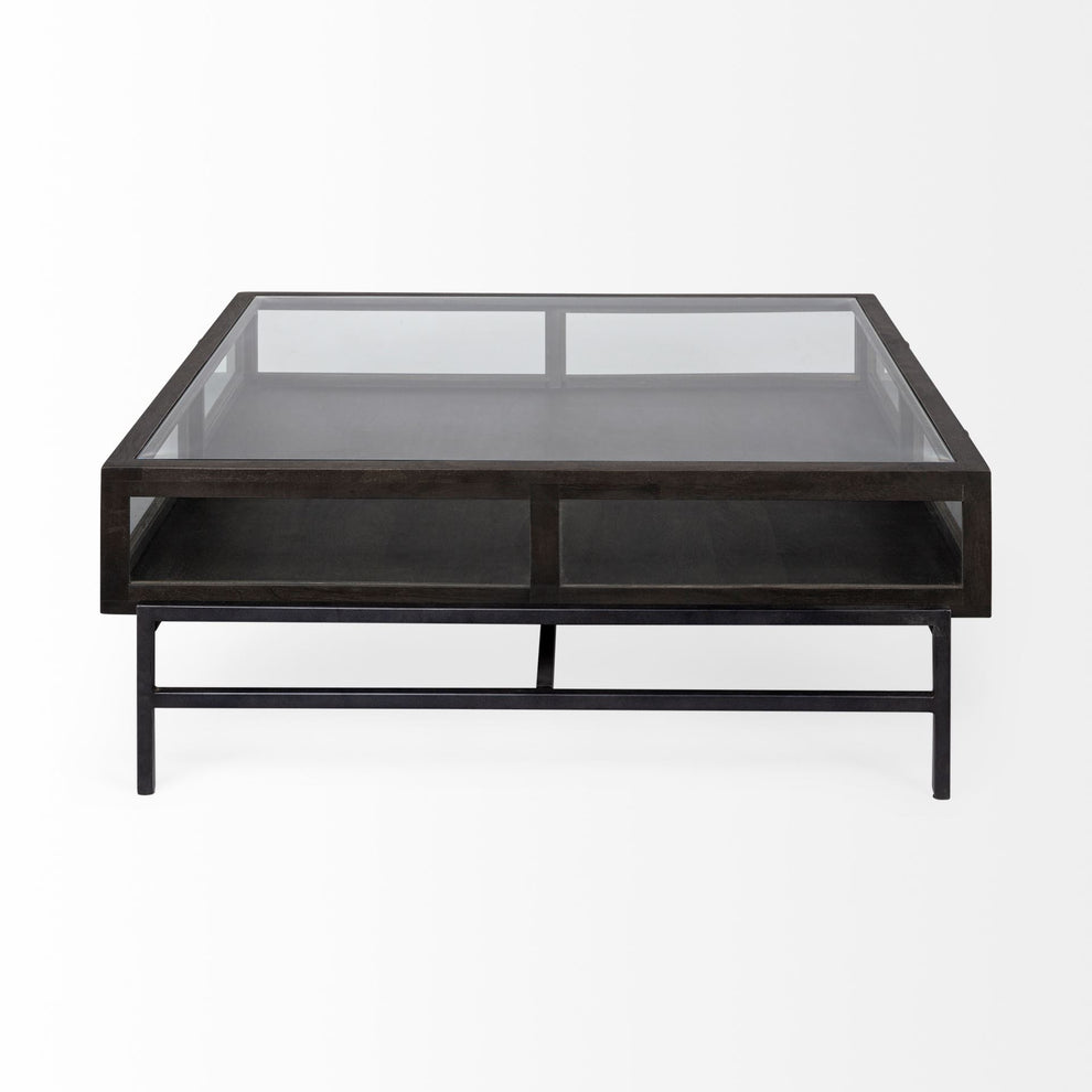 Square Glass Top Wood and Black Metal Base Display Coffee Table w 2 Drawers By Homeroots | Coffee Tables | Modishstore - 3