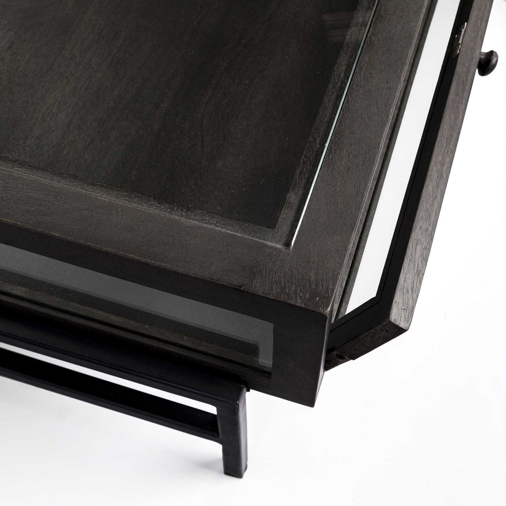 Square Glass Top Wood and Black Metal Base Display Coffee Table w 2 Drawers By Homeroots | Coffee Tables | Modishstore - 4