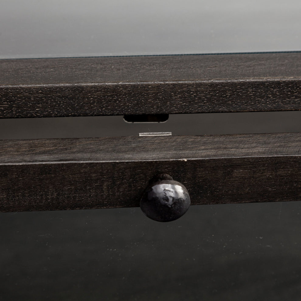 Square Glass Top Wood and Black Metal Base Display Coffee Table w 2 Drawers By Homeroots | Coffee Tables | Modishstore - 5