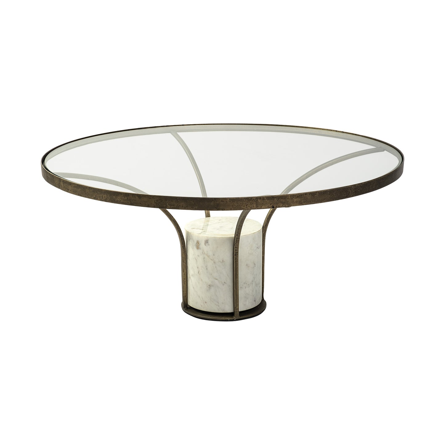 36' Round Glass Top Metal and Marble Pedestal Coffee Table By Homeroots