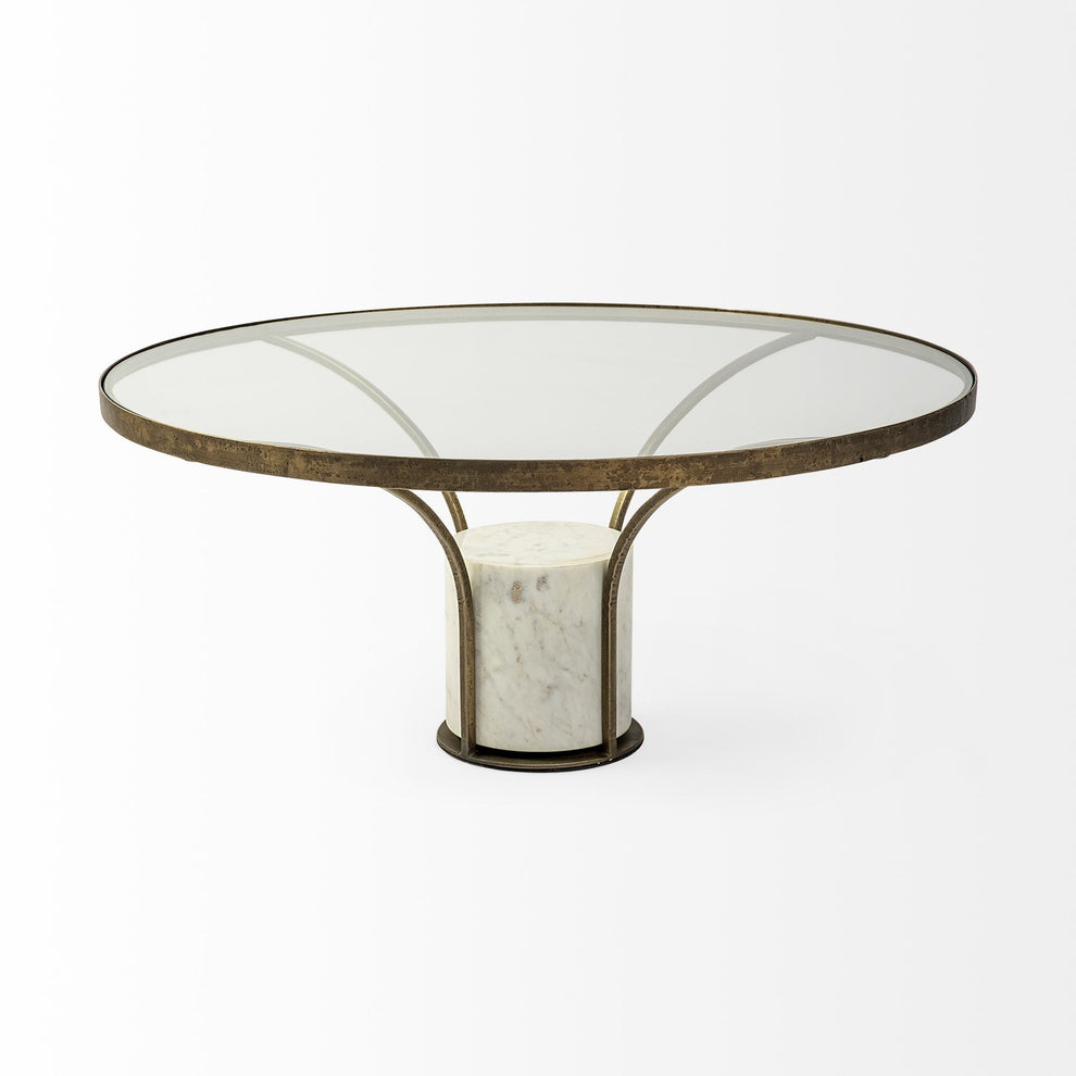 36' Round Glass Top Metal and Marble Pedestal Coffee Table By Homeroots | Coffee Tables | Modishstore - 2
