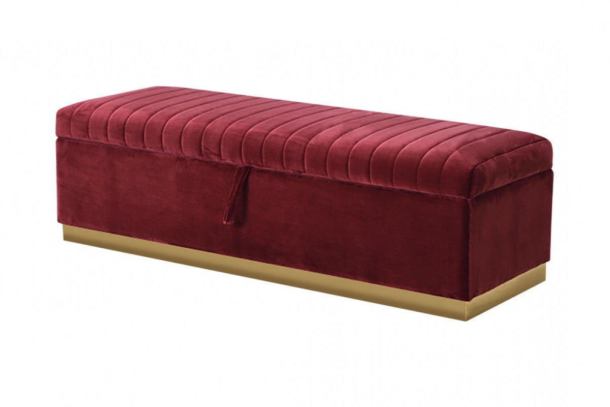Rectangular Modern Red Velvet Storage Bench with Gold Metal By Homeroots