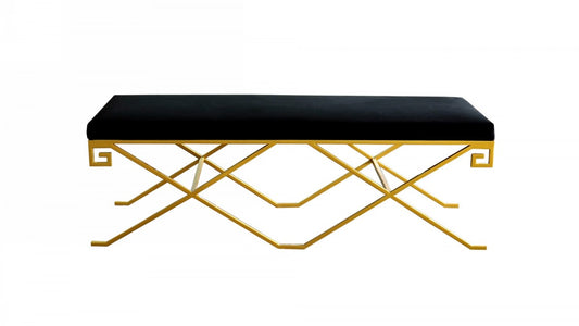 Rectangular Modern Black Velvet Bench with Champagne Gold Steel Frame By Homeroots | Benches | Modishstore