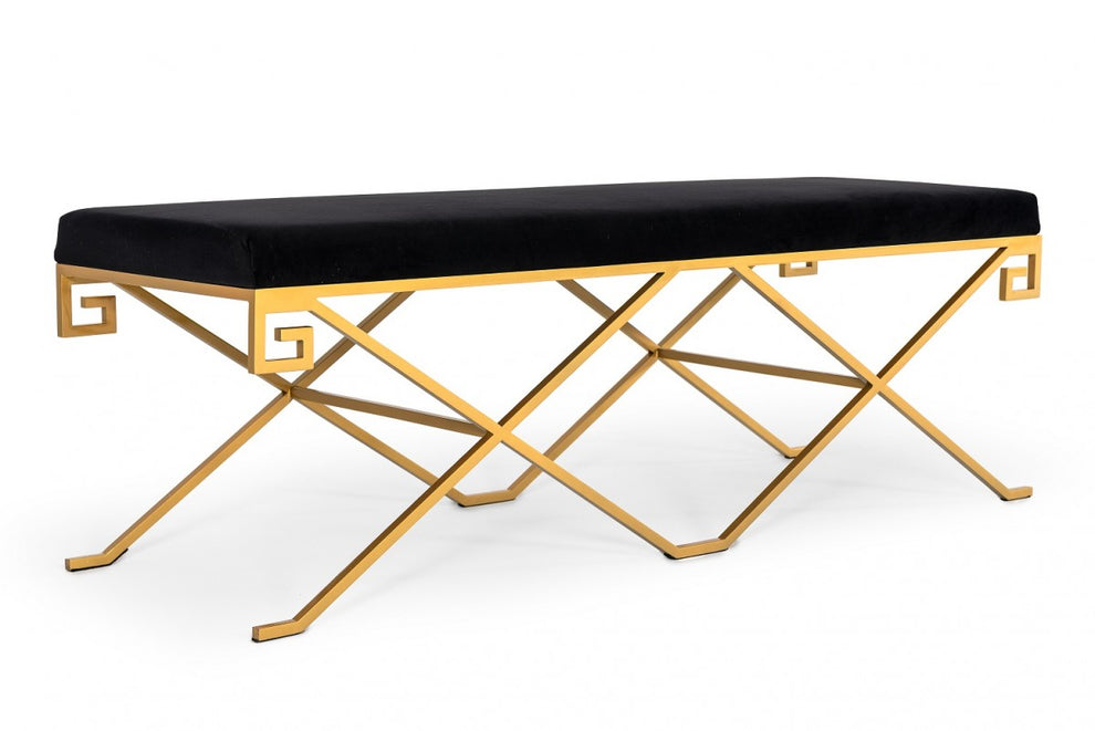 Rectangular Modern Black Velvet Bench with Champagne Gold Steel Frame By Homeroots | Benches | Modishstore - 3