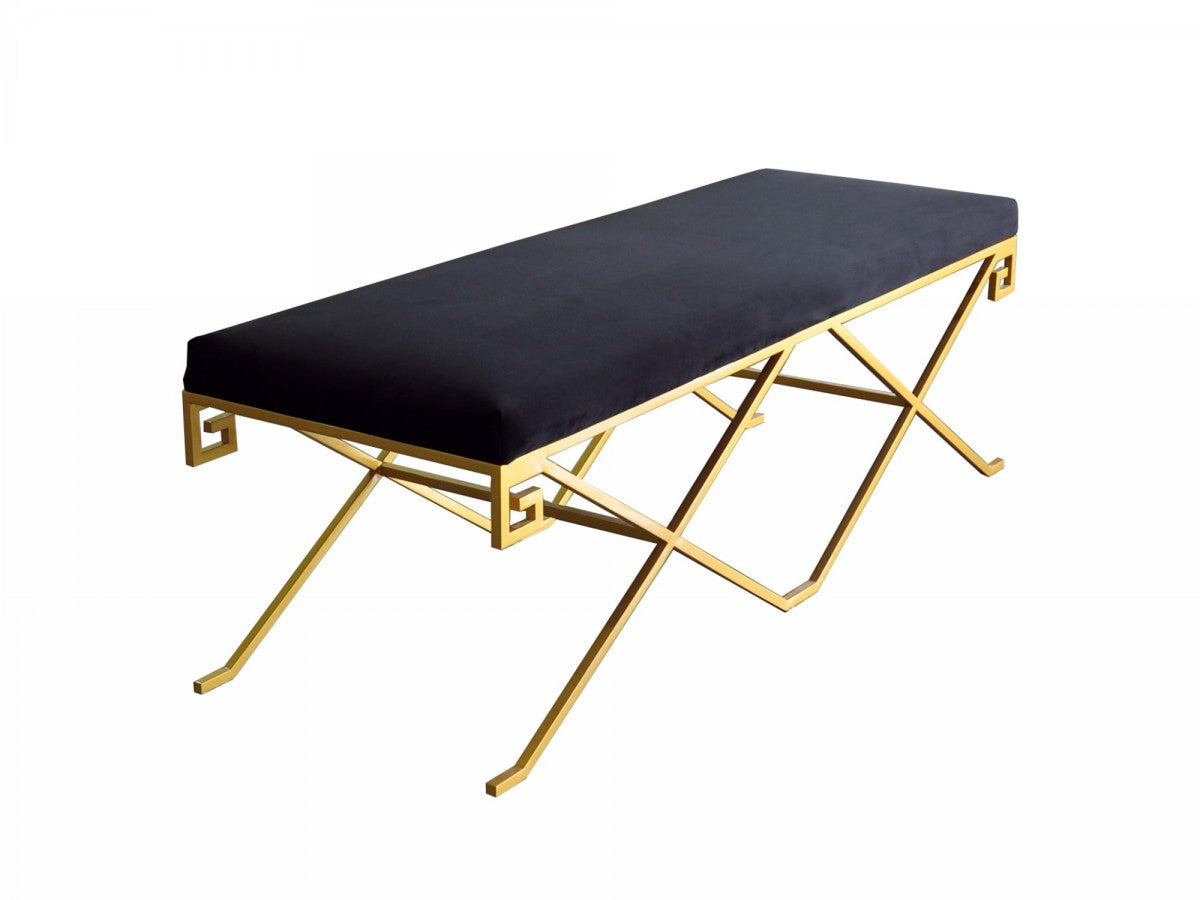 Rectangular Modern Black Velvet Bench with Champagne Gold Steel Frame By Homeroots