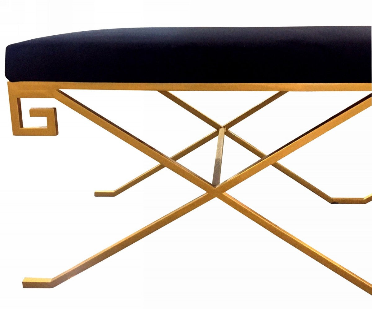 Rectangular Modern Black Velvet Bench with Champagne Gold Steel Frame By Homeroots