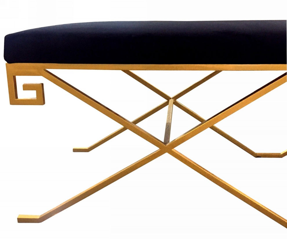 Rectangular Modern Black Velvet Bench with Champagne Gold Steel Frame By Homeroots | Benches | Modishstore - 5