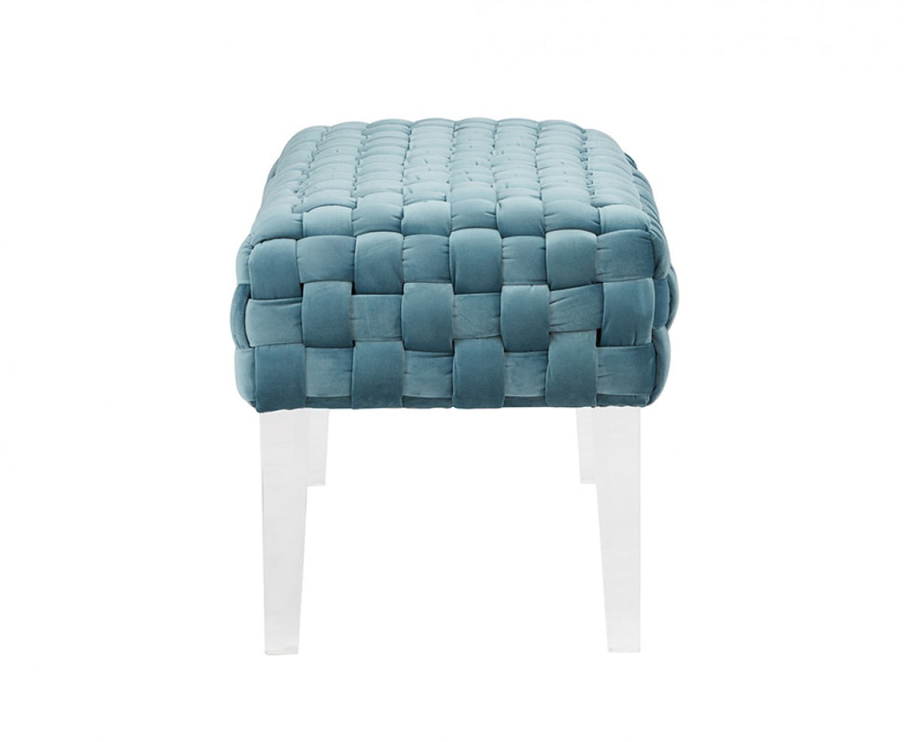 Rectangular Modern Light Teal Textured Velvet Bench with acrylic legs By Homeroots | Benches | Modishstore - 3