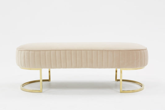 Oval Modern Beige Velvet Bench with Gold Crescent shaped base By Homeroots