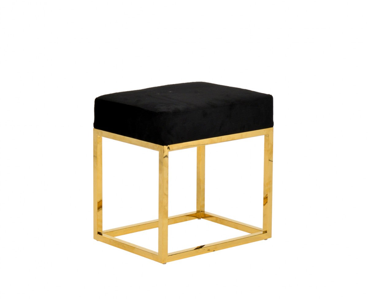 Square Modern Black Velvet Ottoman with Gold Stainless Steel By Homeroots