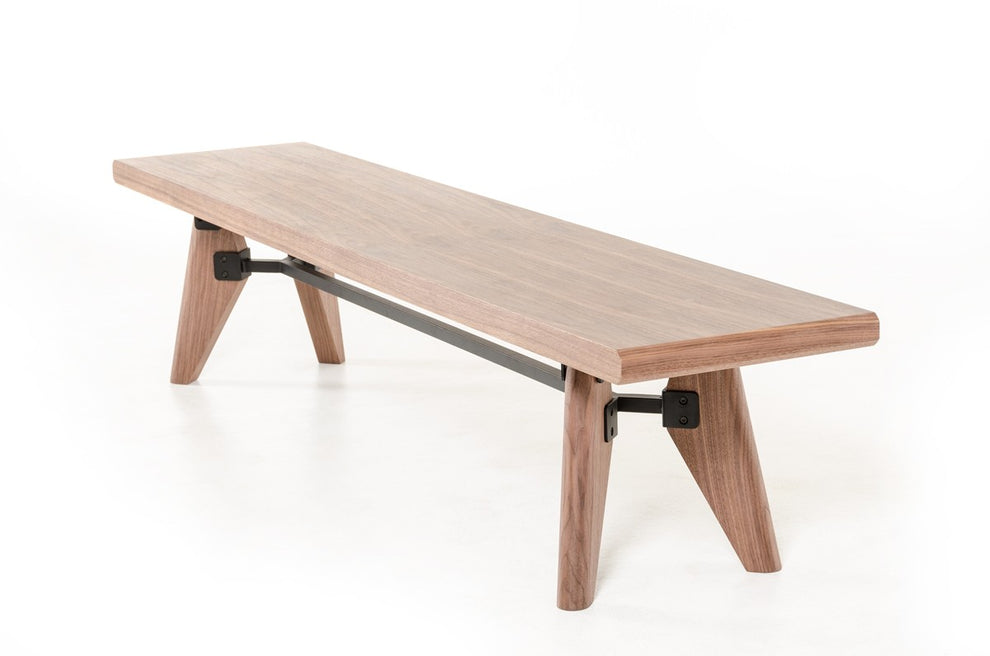 Modern Walnut Finish Dining Bench with Silky Black Metal Support Bar By Homeroots | Benches | Modishstore - 3