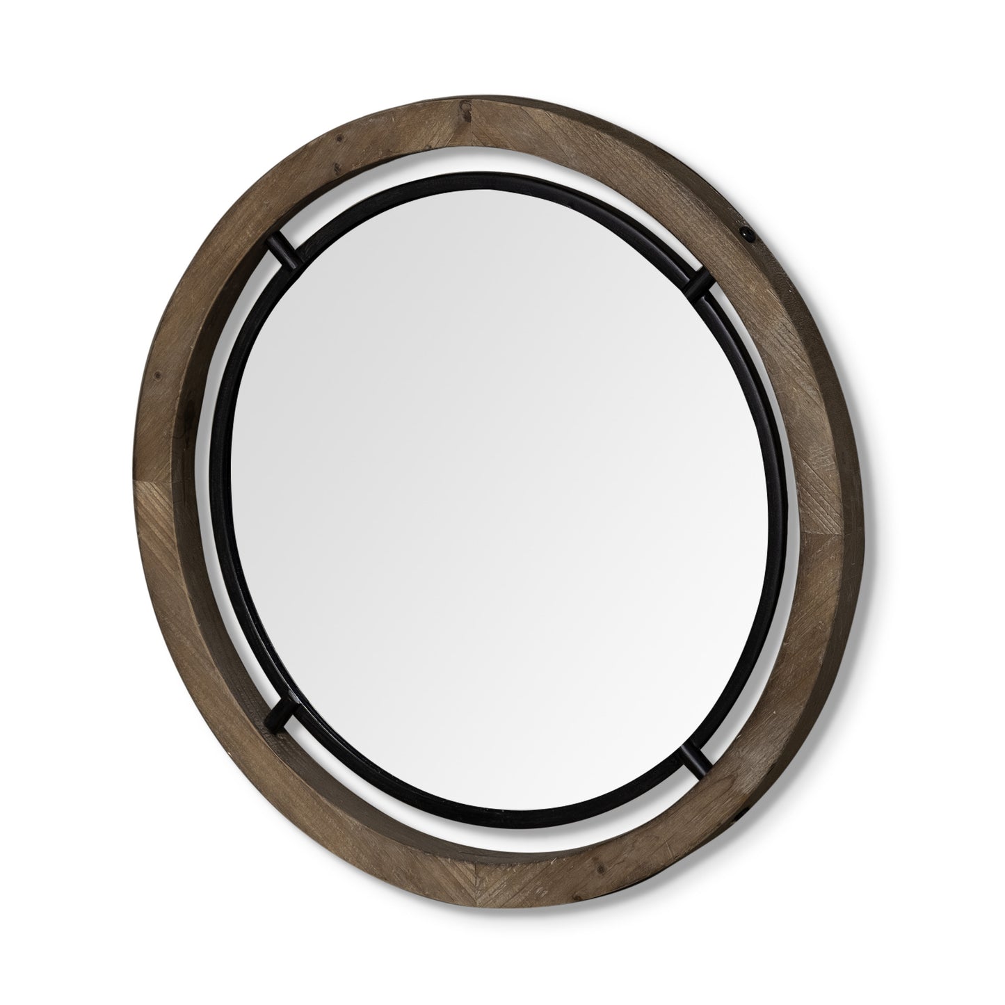 28" Brown Wood and Black Metal Double Frame Wall Mirror By Homeroots | Mirrors | Modishstore