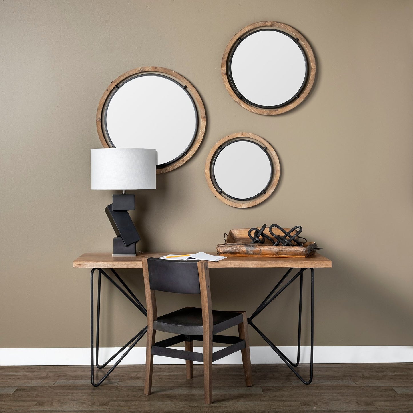 28" Brown Wood and Black Metal Double Frame Wall Mirror By Homeroots | Mirrors | Modishstore