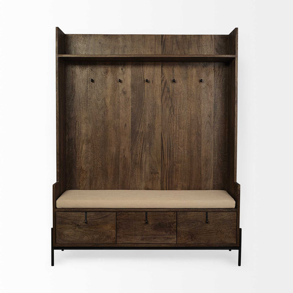 Brown Wood Cream Fabric Wrapped Seat Hall Tree with Storage By Homeroots | Shelves & Shelving Units | Modishstore - 2