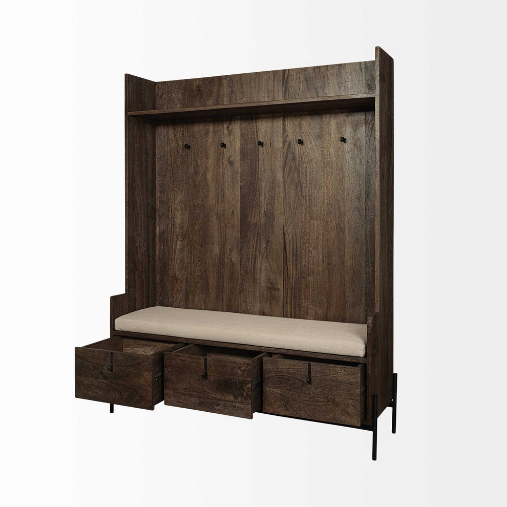Brown Wood Cream Fabric Wrapped Seat Hall Tree with Storage By Homeroots | Shelves & Shelving Units | Modishstore - 5