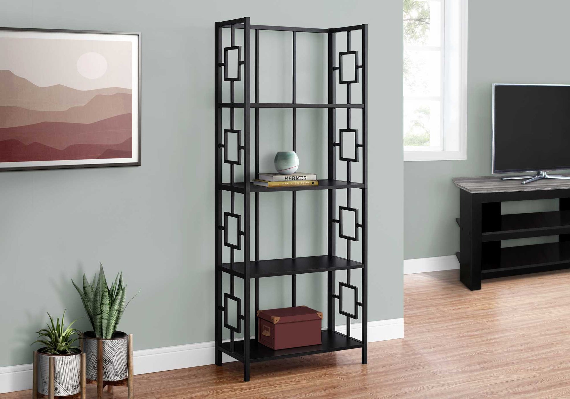 62" 4 Tier Bookcase BlackwithBlack Metal Etagere By Homeroots | Bookcases | Modishstore
