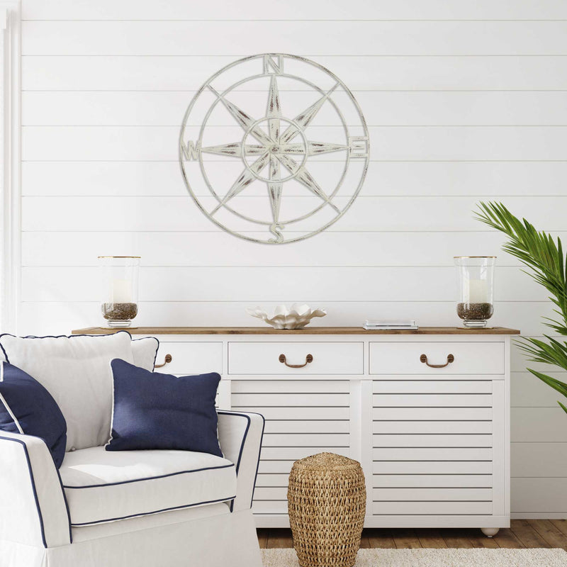Nautical Compass Metal Wall Decor with Distressed White Finish By Homeroots | Wall Decor | Modishstore - 2