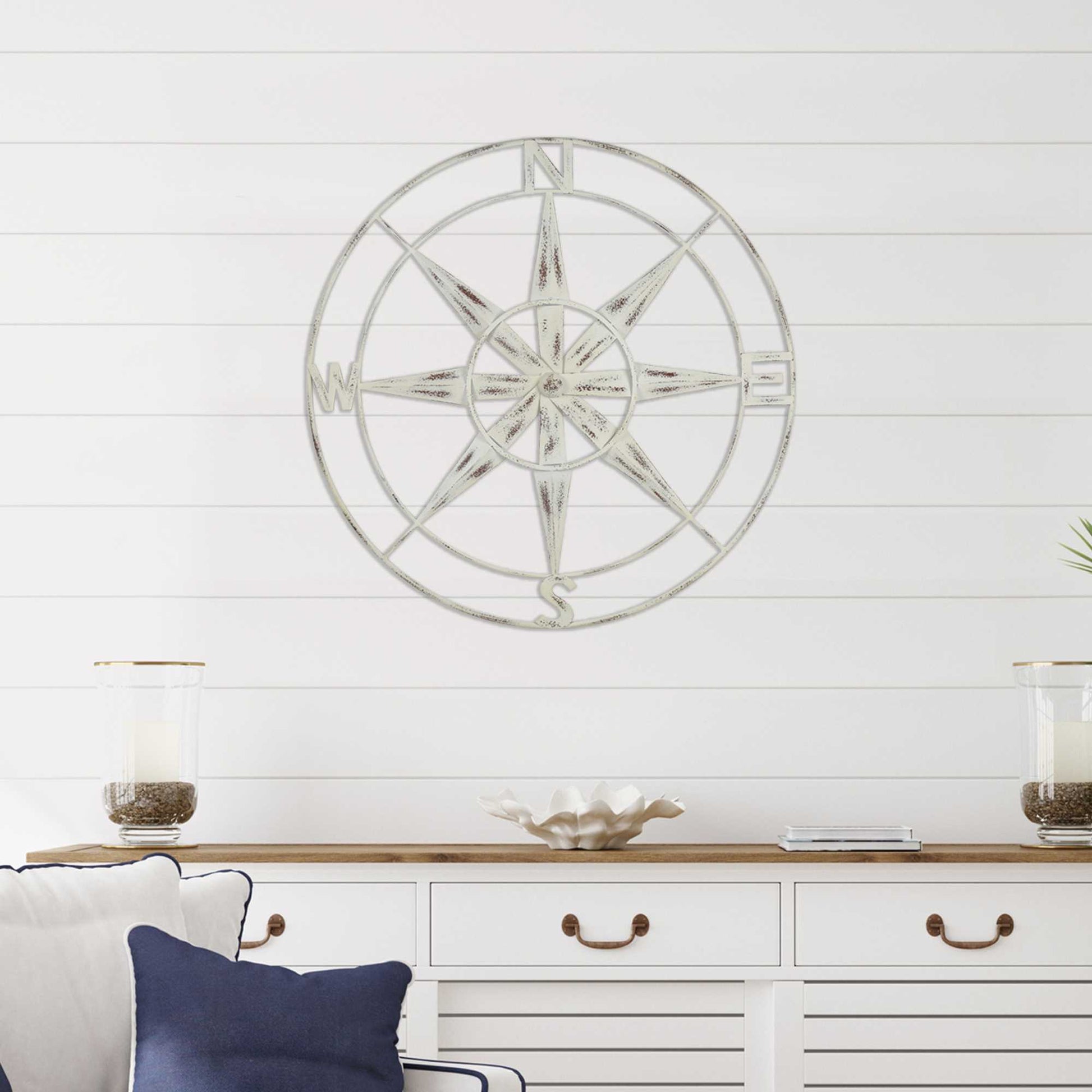 Nautical Compass Metal Wall Decor with Distressed White Finish By Homeroots | Wall Decor | Modishstore - 4
