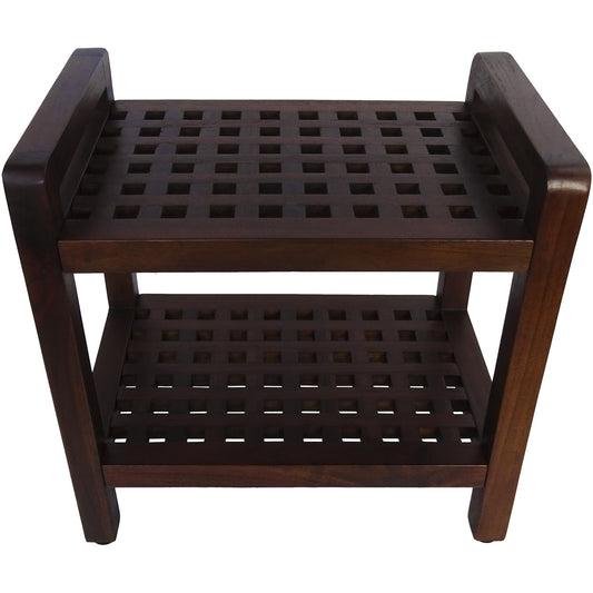 Teak Lattice Pattern Shower Stool with Shelf and Handles in Brown Finish By Homeroots | Outdoor Stools & Benches | Modishstore