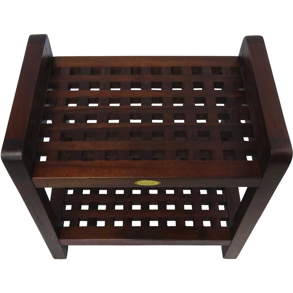 Teak Lattice Pattern Shower Stool with Shelf and Handles in Brown Finish By Homeroots | Outdoor Stools & Benches | Modishstore - 2