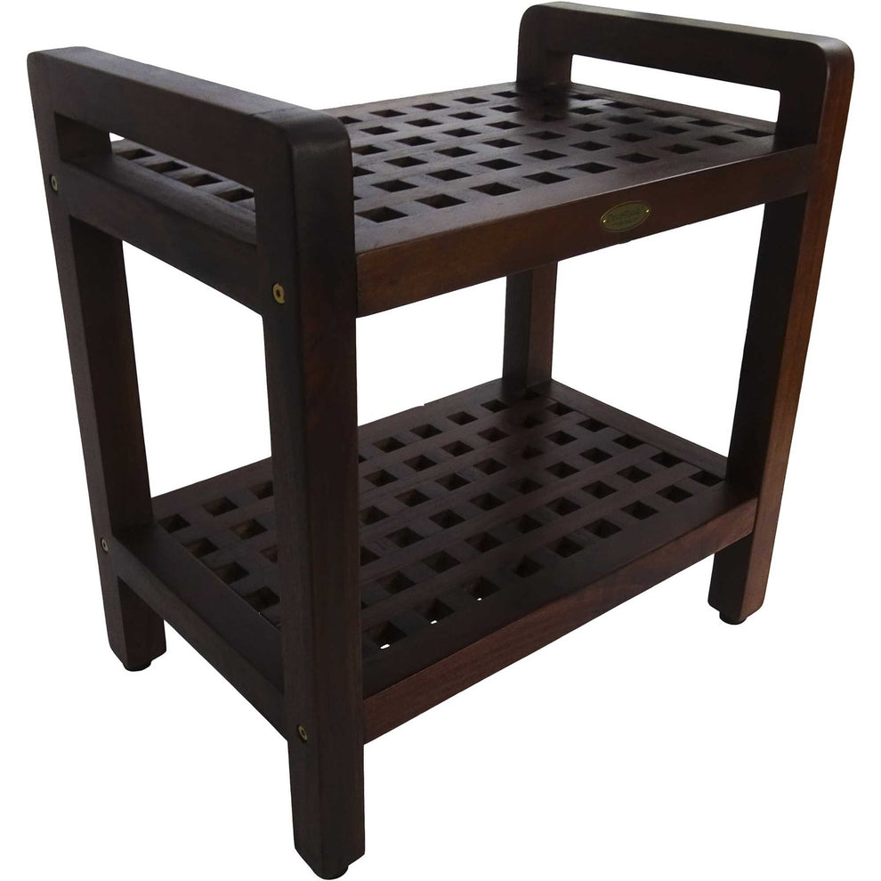 Teak Lattice Pattern Shower Stool with Shelf and Handles in Brown Finish By Homeroots | Outdoor Stools & Benches | Modishstore - 3
