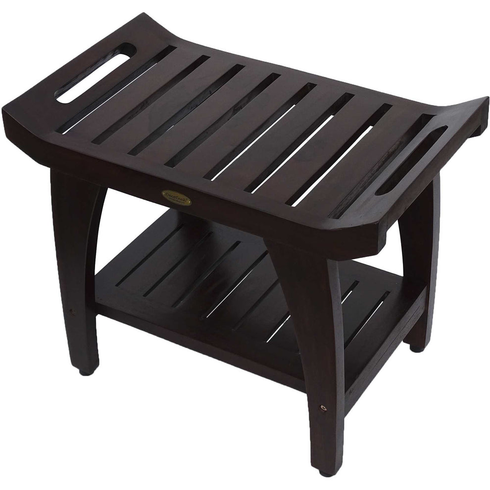 Contemporary Teak Shower Bench with Shelf and Handles in Brown Finish By Homeroots - 376682 | Outdoor Stools & Benches | Modishstore - 2